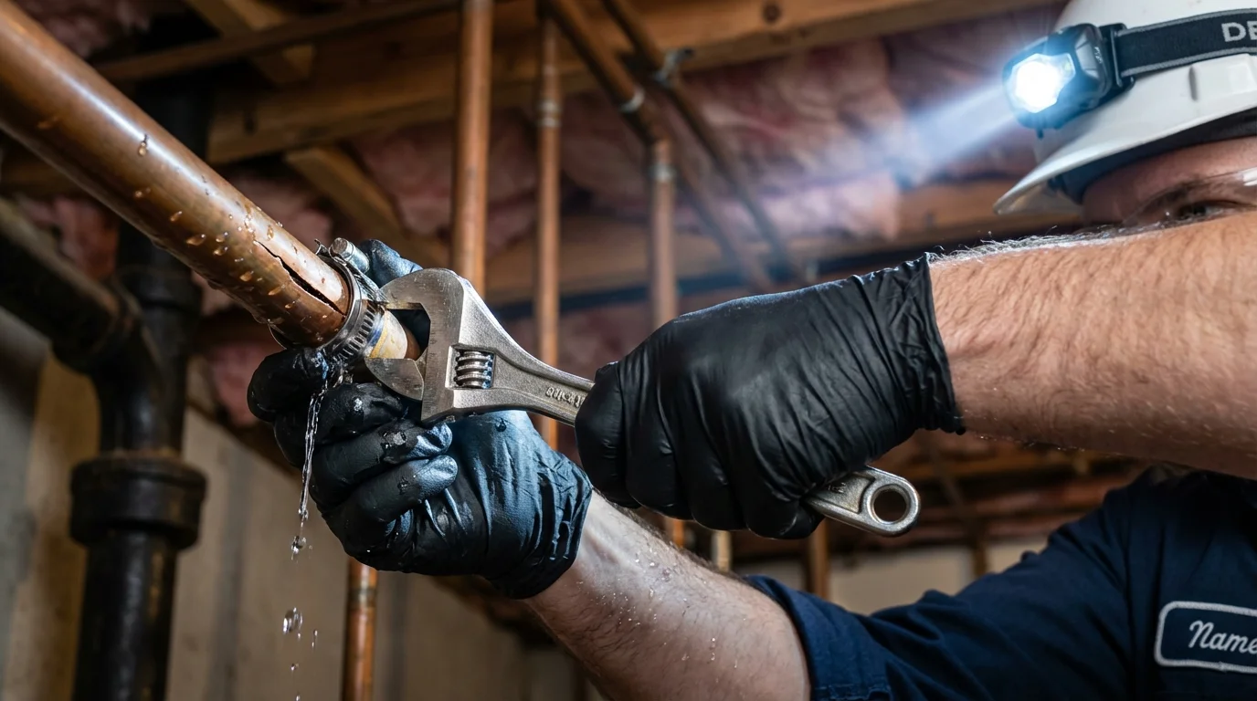 Emergency pipe clamp repair being performed by a Johns Plumbing LLC plumber in Simpsonville