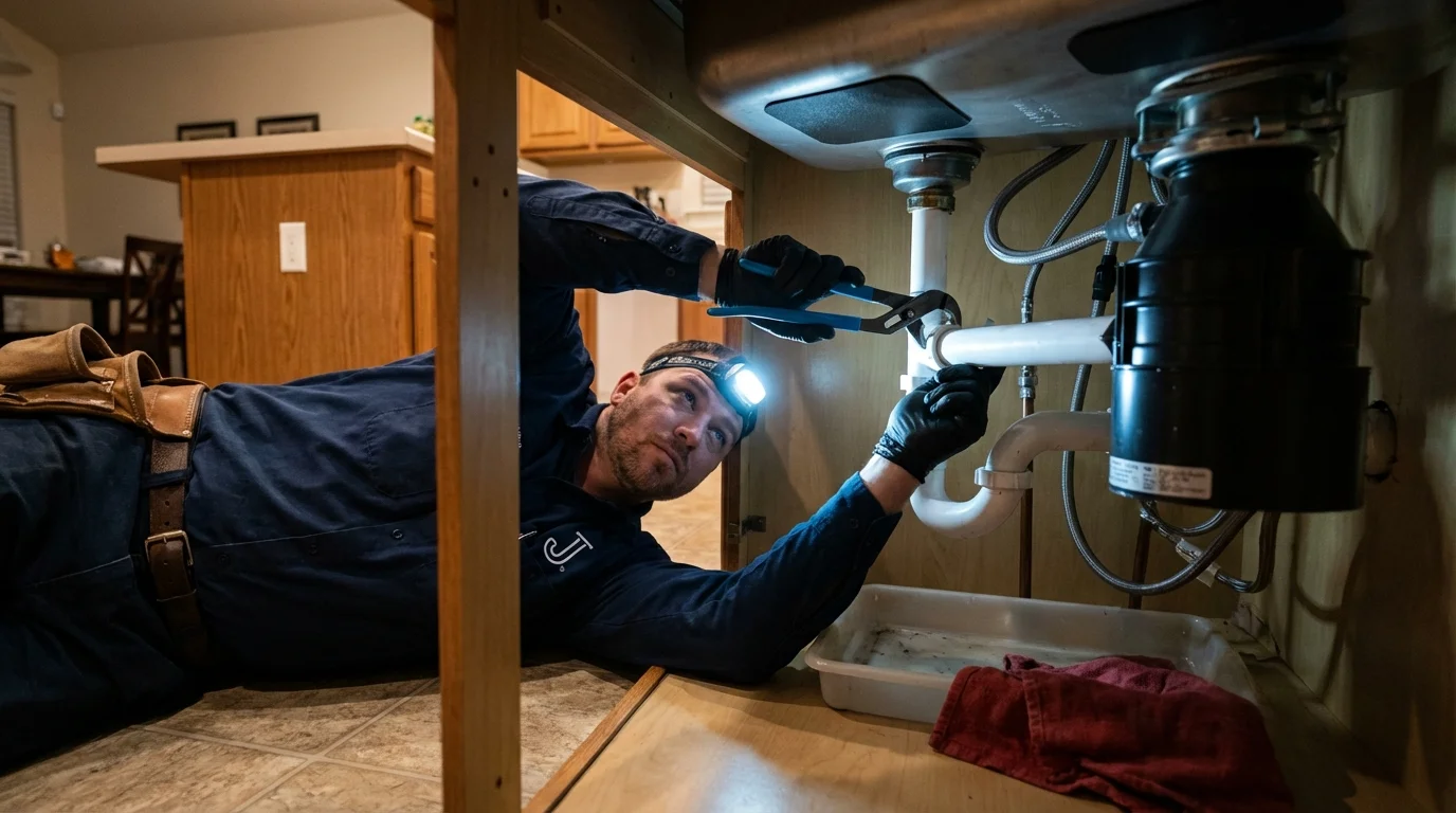 P-trap and supply line connections under a kitchen sink showing a common leak point in Simpsonville, KY